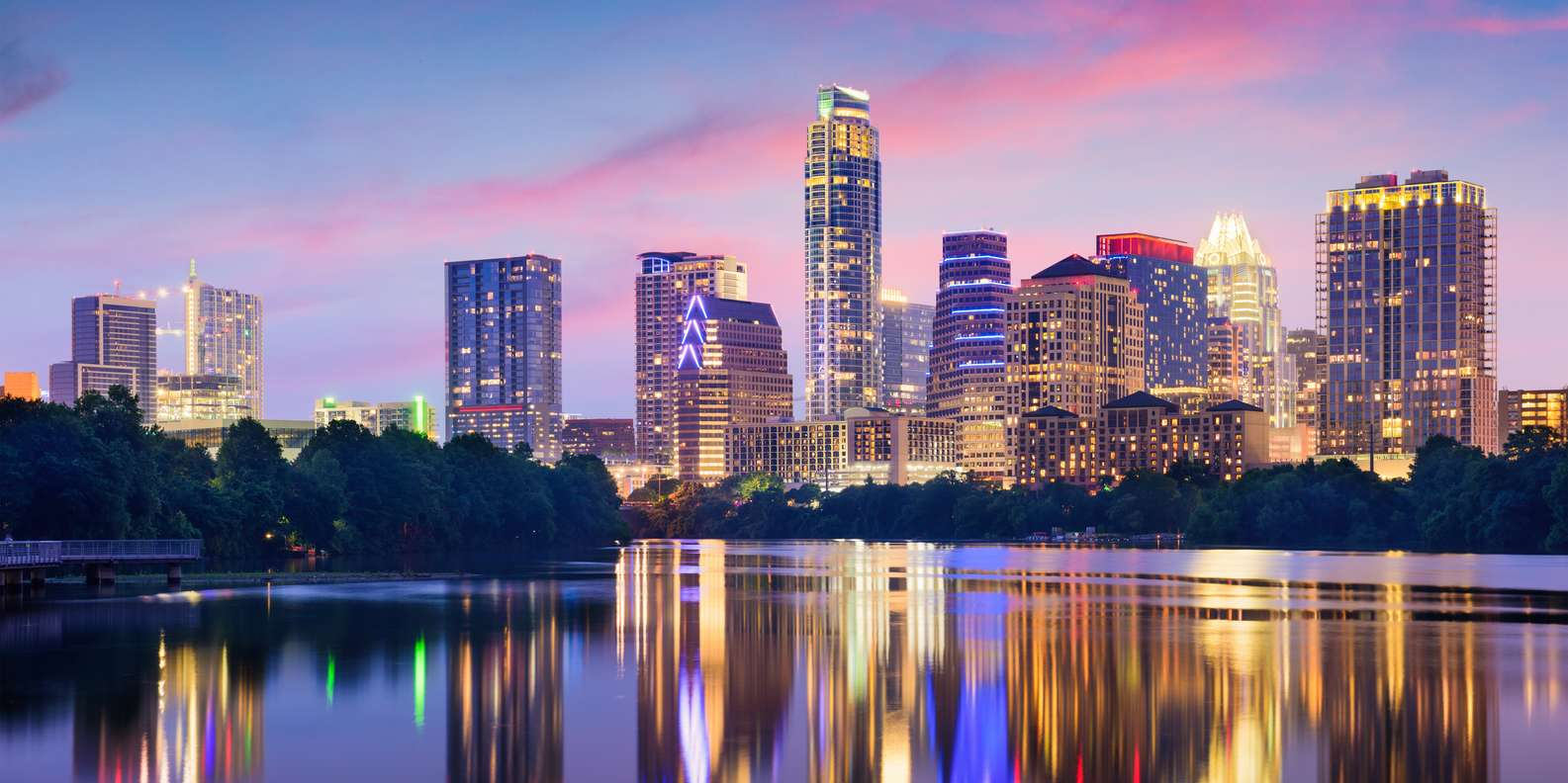 Austin Texas downtown skyline at twilight reflected in Lady Bird Lake